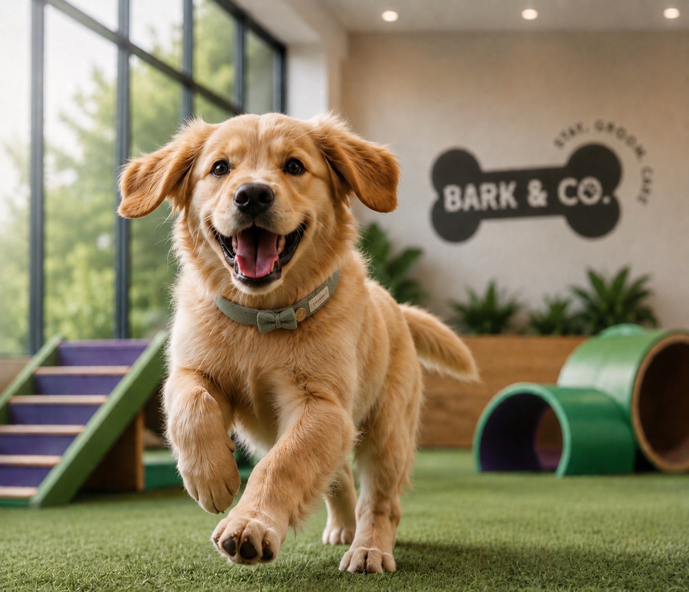 Perro feliz corriendo en el Indoor Park de Bark & Co.
