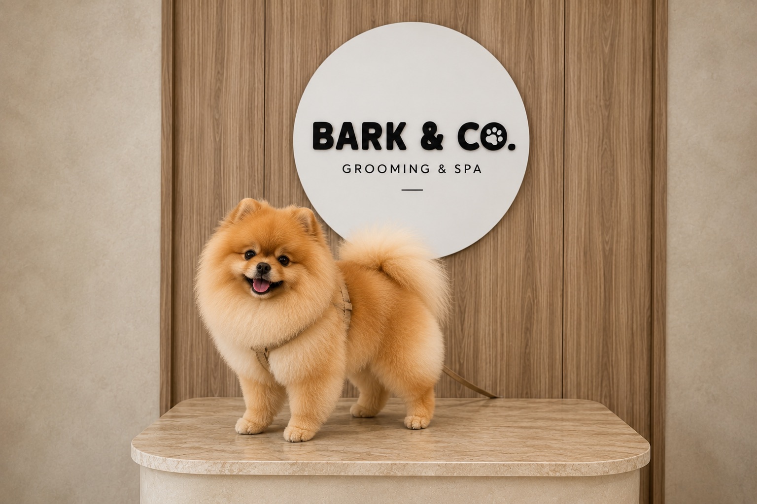 Pomerania recién arreglado sobre la mesa de grooming frente al letrero de Bark & Co. Grooming & Spa
